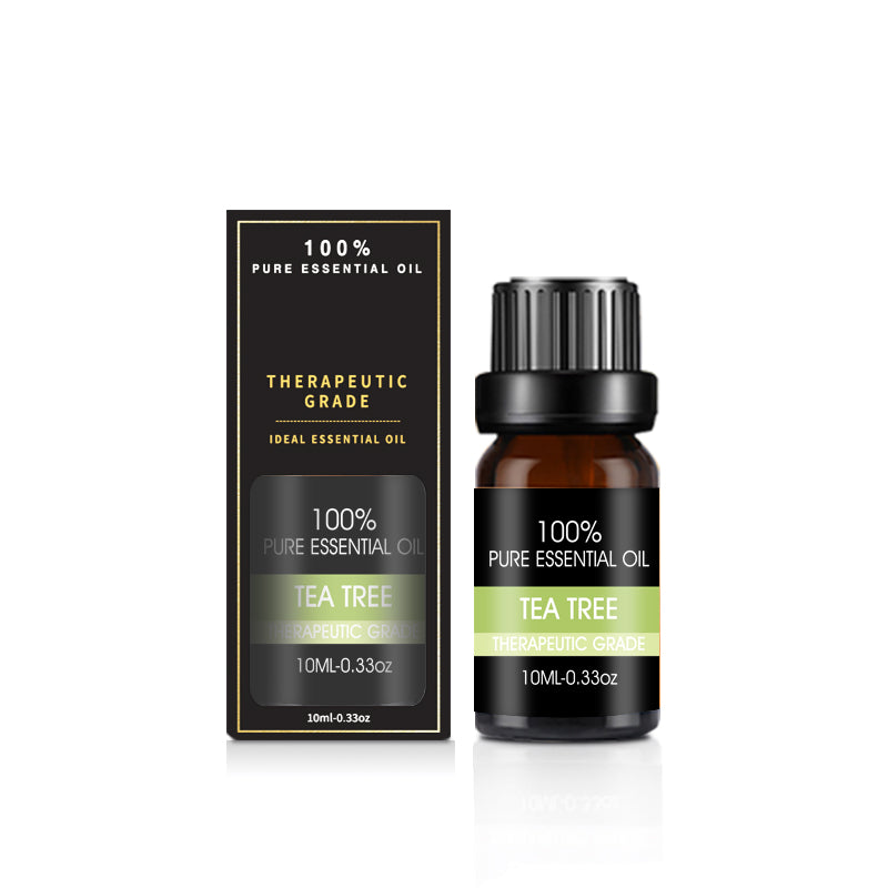 Aceite esencial de árbol de té con frasco y caja