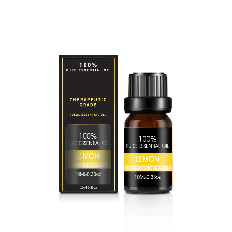 Aceite esencial de limón con frasco y caja