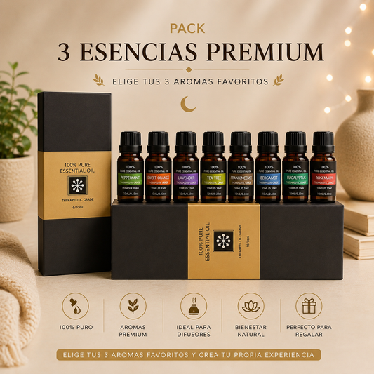 Colección de aceites esenciales con presentación de producto
