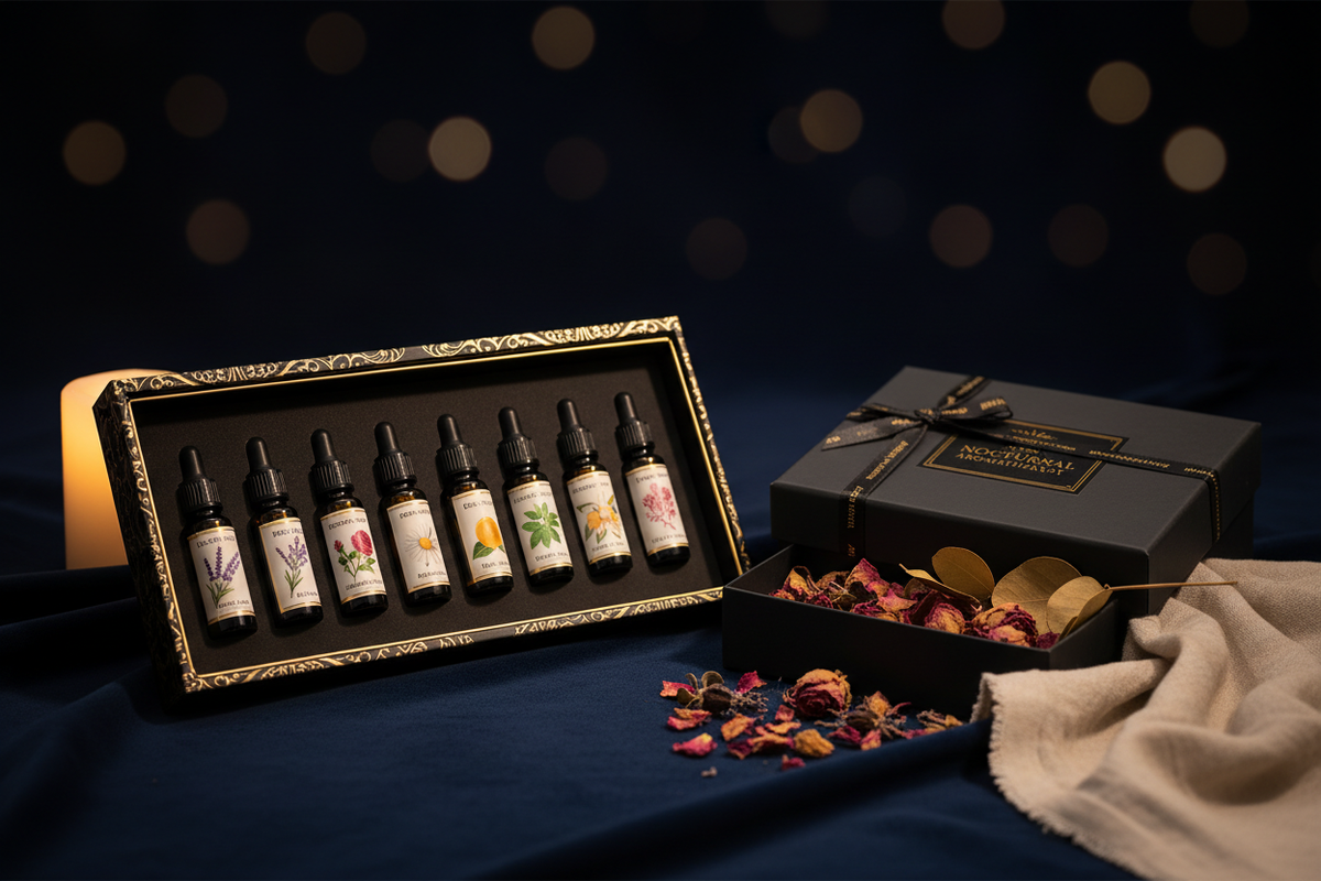 Esencias Botánicas Premium — caja negra y dorada con frascos ámbar