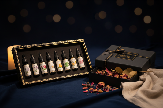 Esencias Botánicas Premium — caja negra y dorada con frascos ámbar