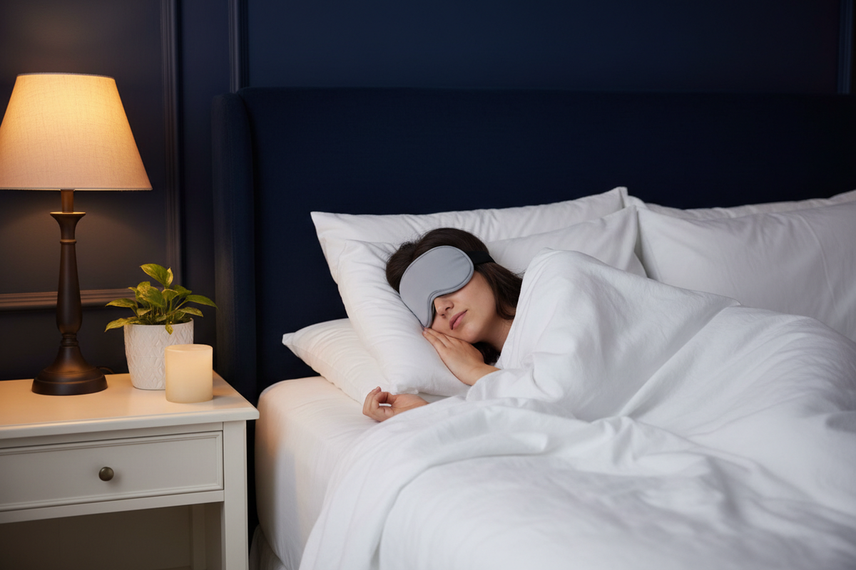 Persona durmiendo con Antifaz 3D DreamComfort — Calma Nocturna