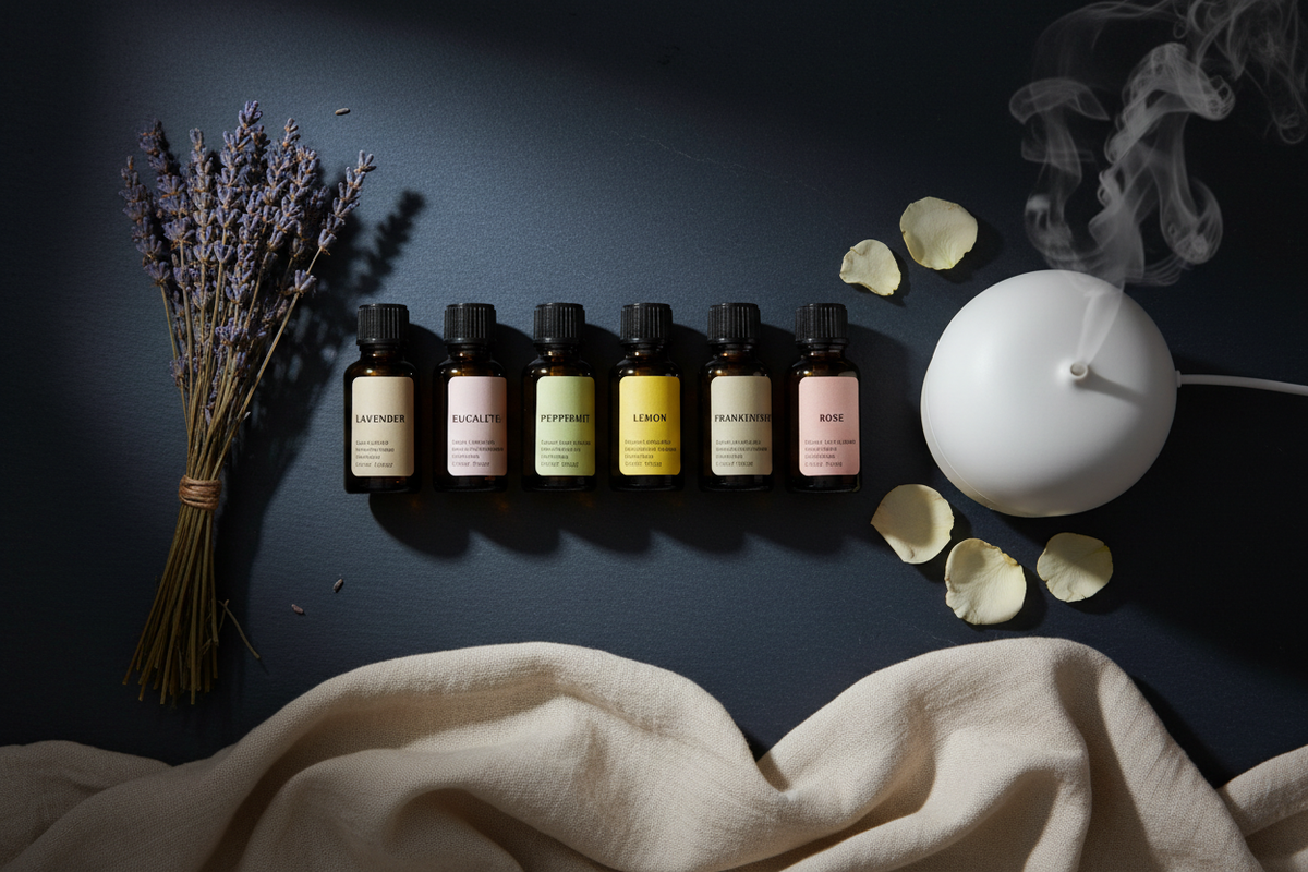 Esencias Calma Nocturna — frascos ámbar con lavanda y difusor