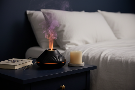 Difusor Llama Premium en mesita de noche — ritual nocturno Calma Nocturna